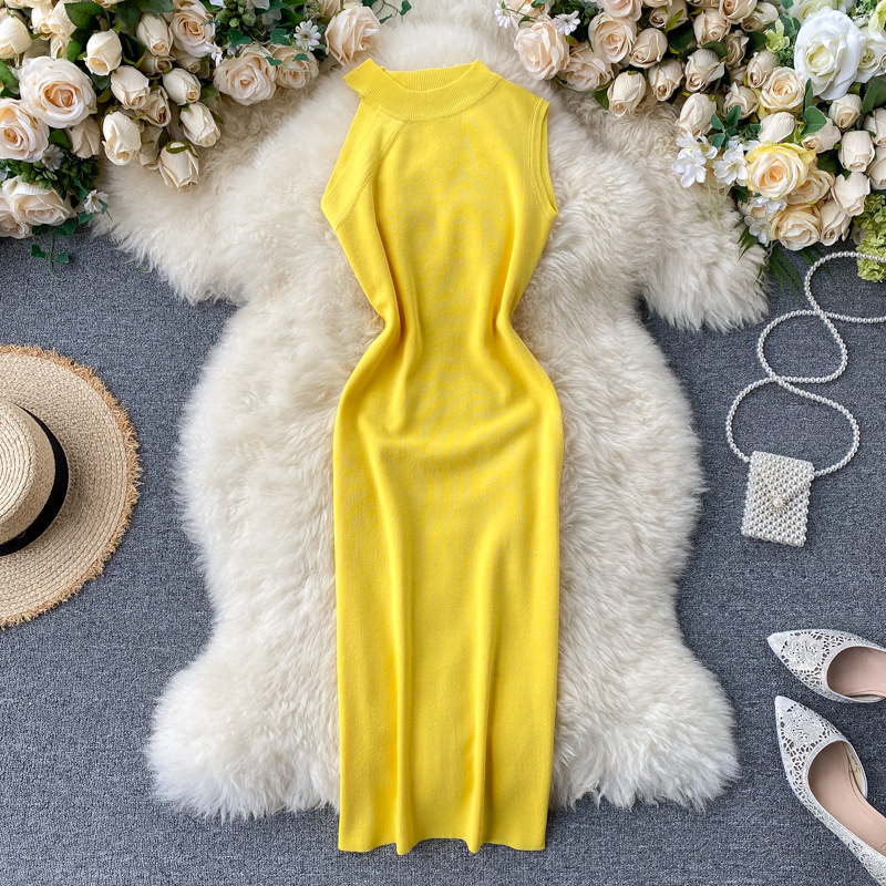 Hanging neck strapless knitted bag hip skirt dress