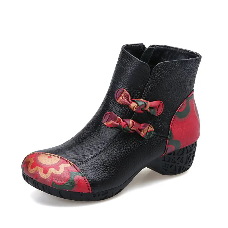 Boots leather women's short boots thick heel bow and cotton warm shoes