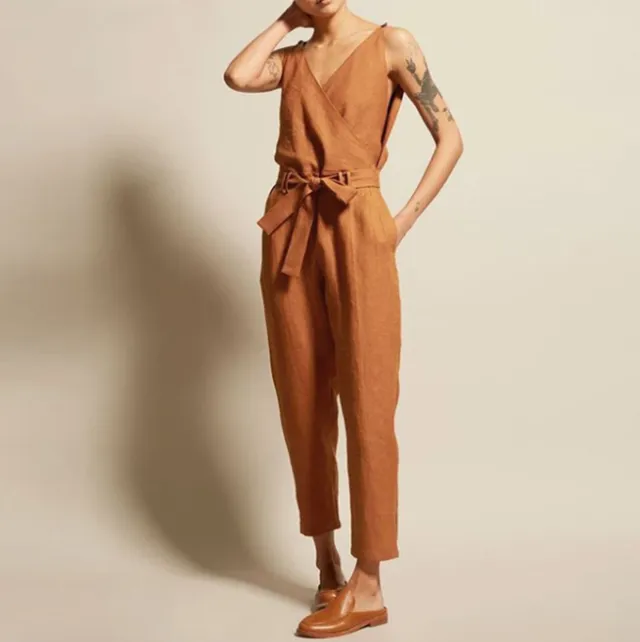 V neck sleeveless cotton and linen jumpsuit Bronze - Shop at LoveMi