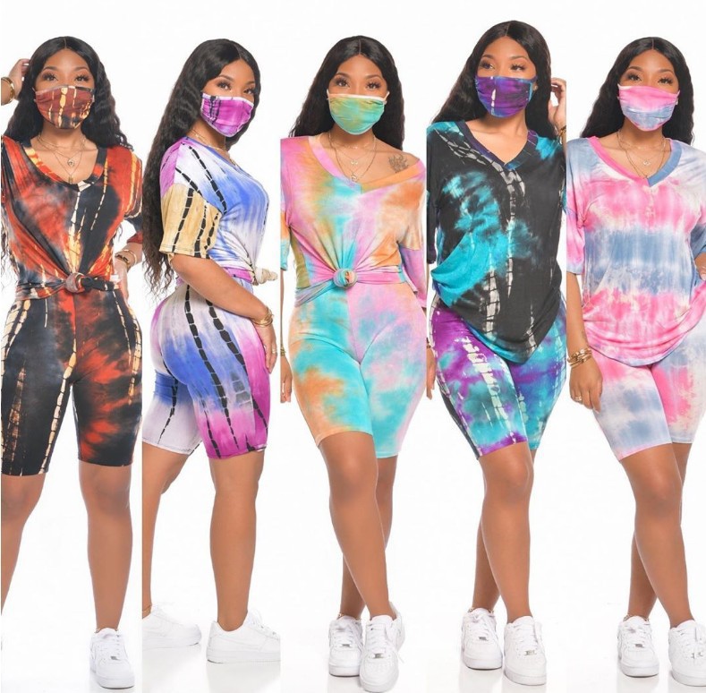 Tie-dye V-neck sports shorts suit