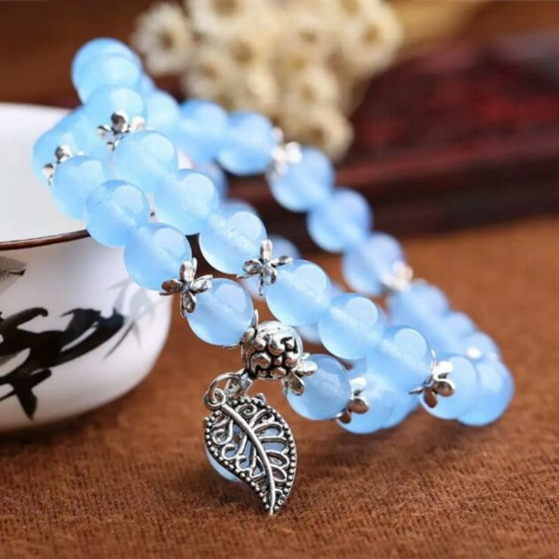 Pink chalcedony agate bracelet leaves