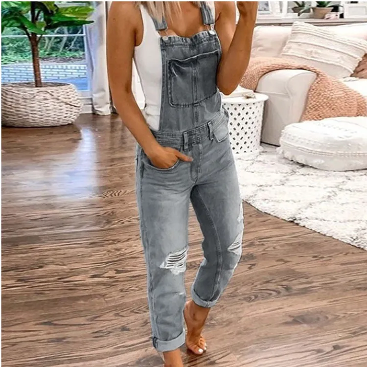 Hole washed slim fit Jumpsuit - Grey