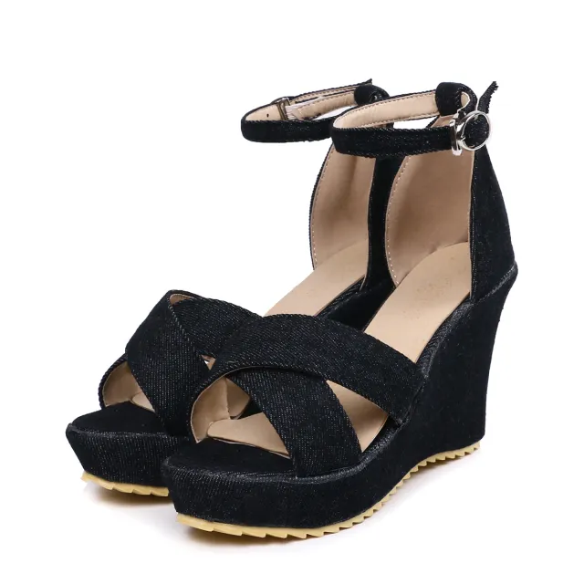 Slope heel sandals waterproof platform buckle high heels Black - Shop at LoveMi