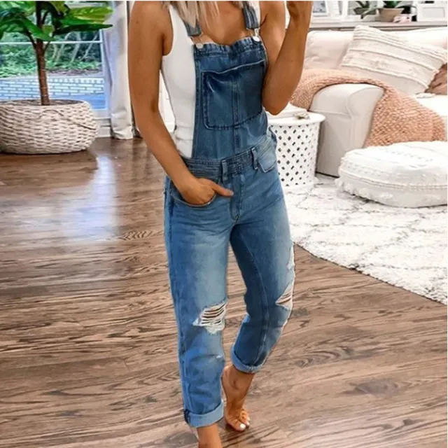 Hole washed slim fit Jumpsuit Navy Blue - Shop at LoveMi