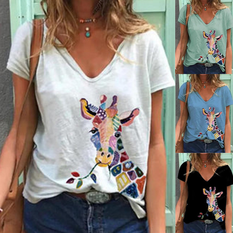 Printed short-sleeved V-neck T-shirt