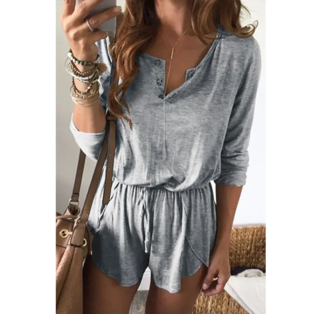 Button lace short sleeve solid color jumpsuit Grey - Shop at LoveMi