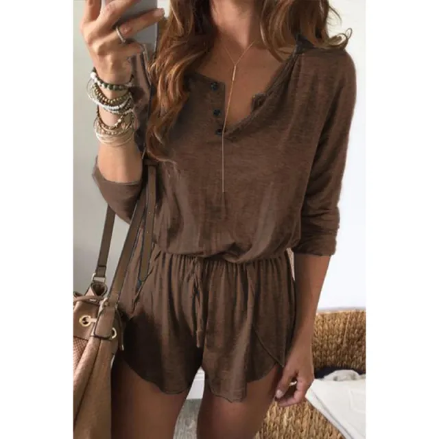 Button lace short sleeve solid color jumpsuit Khaki - Shop at LoveMi