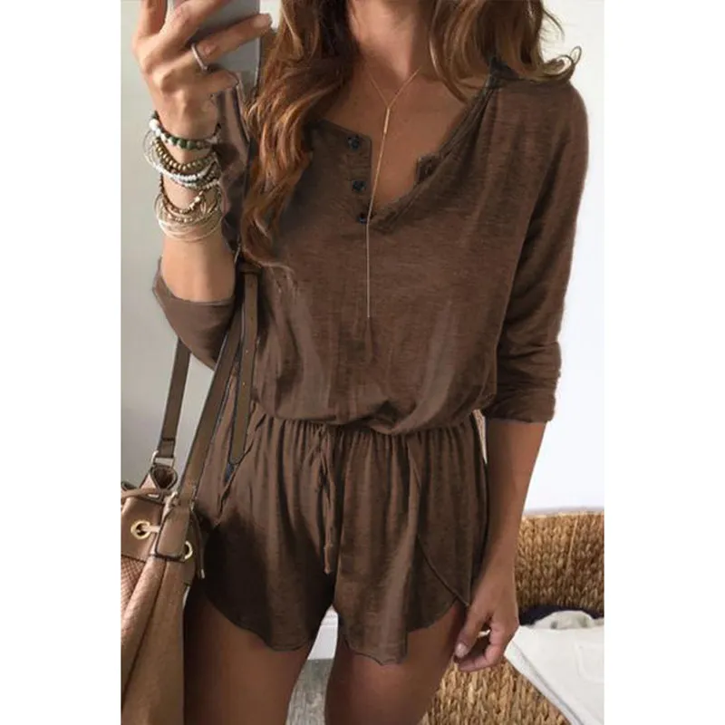Button lace short sleeve solid colour jumpsuit - Khaki