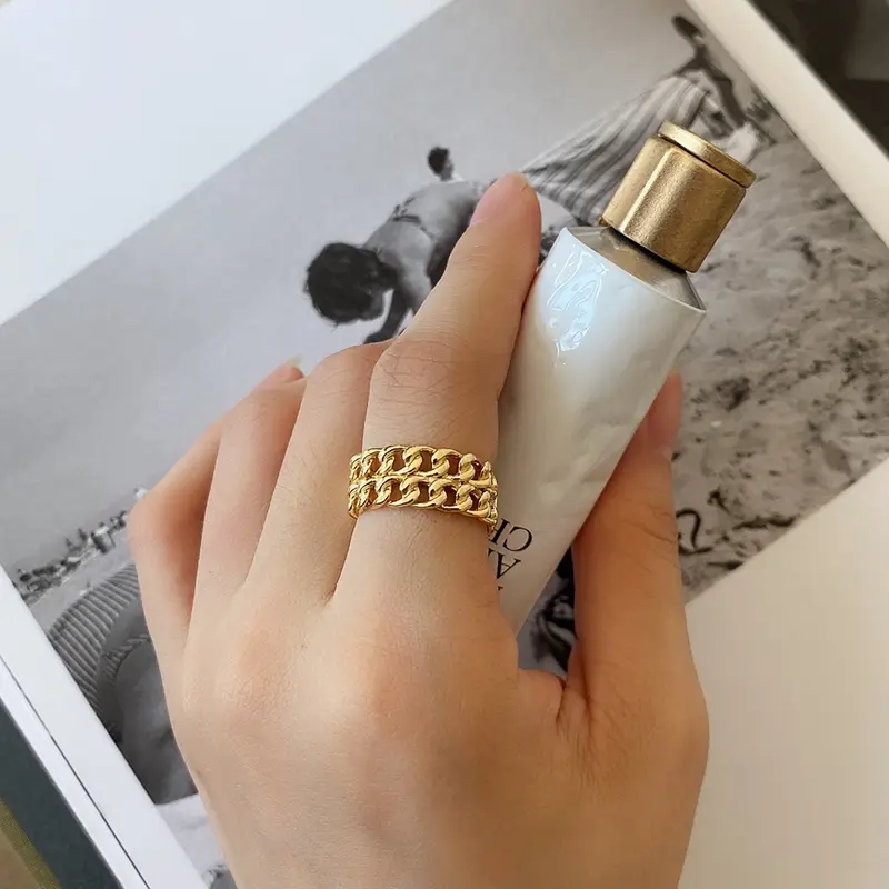 Ladies French Style Silver Double Chain Ring