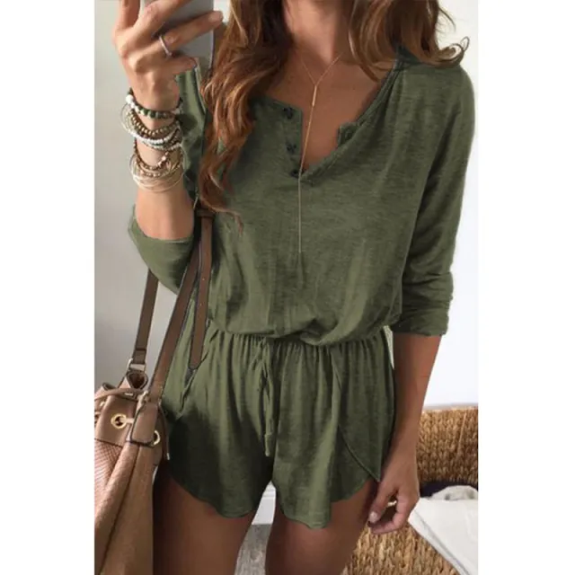 Button lace short sleeve solid color jumpsuit Green - Shop at LoveMi