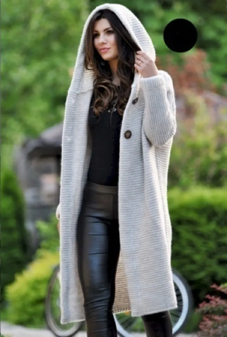 NEW Women's Baggy Cardigan Coat Tops Ladies Chunky Knitted Sweater Jumper Hood - White