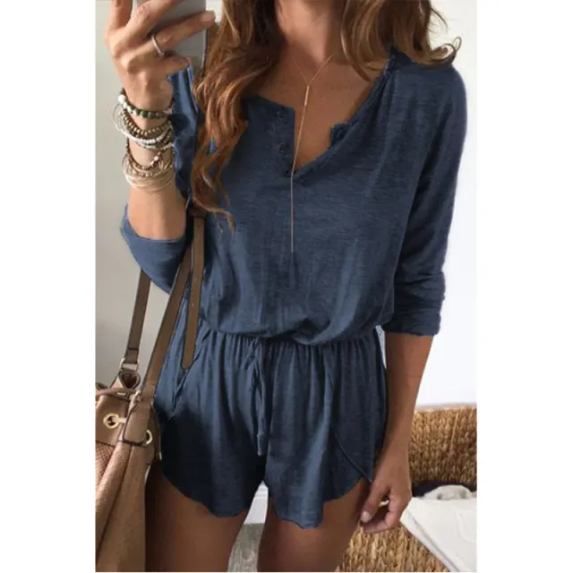 Button lace short sleeve solid color jumpsuit Blue - Shop at LoveMi