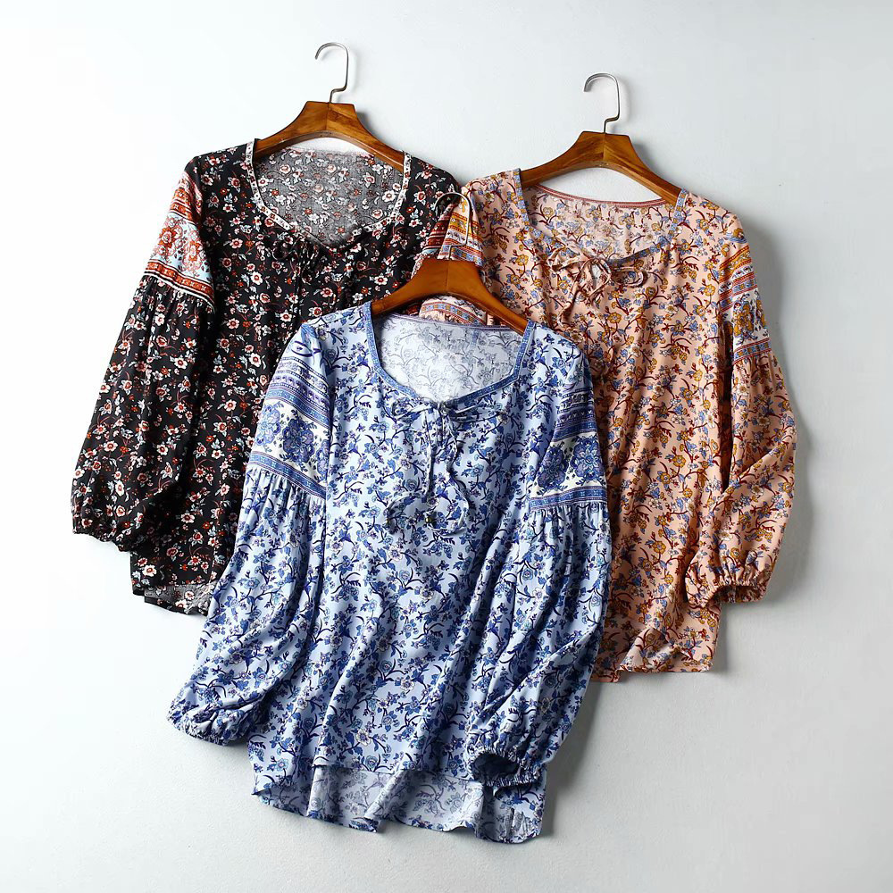 Square neck Print Long Sleeve Shirt