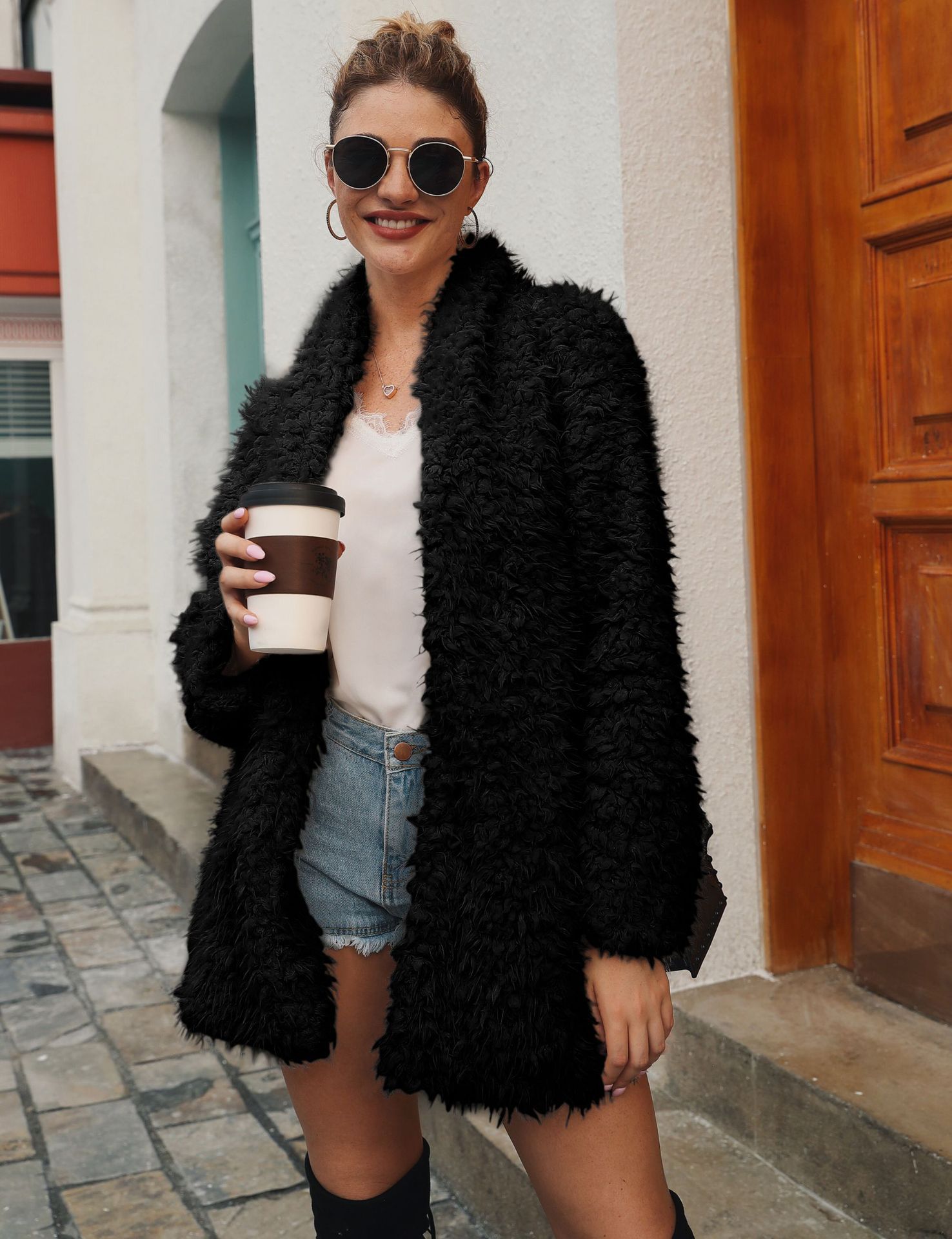 Mid length faux fur fur long sleeved jacket Black - Shop at LoveMi