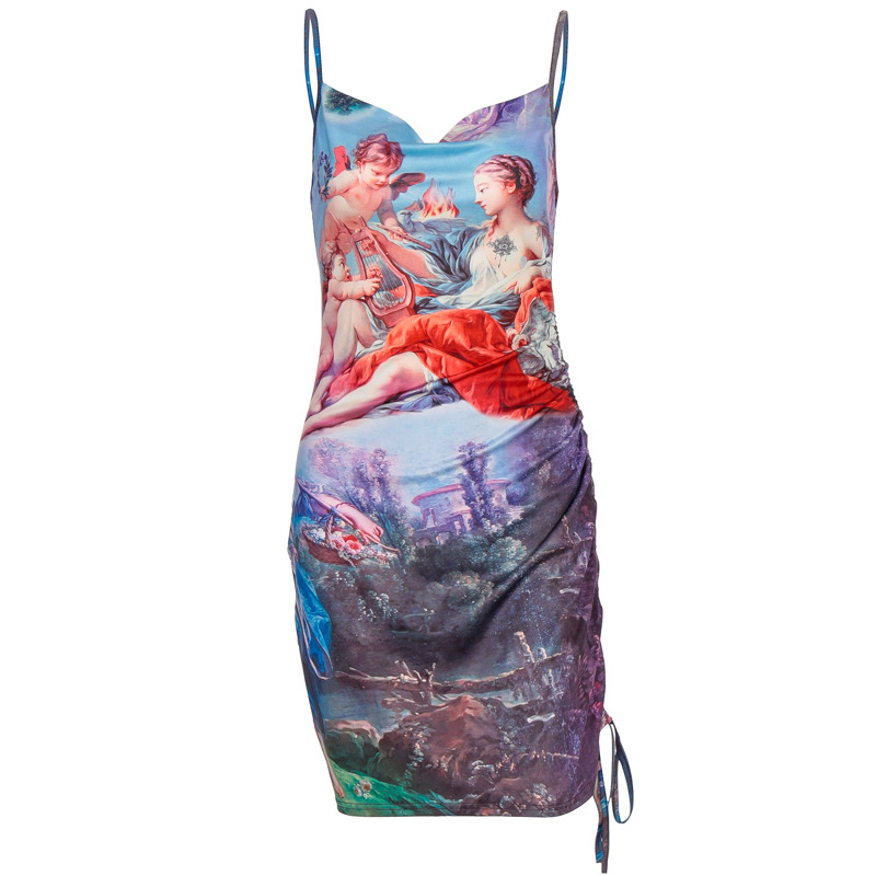 Drawstring halter print skirt