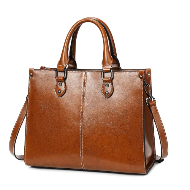 Women's Oil Wax Leather Tote Handbag, Khaki - Shop at LoveMi
