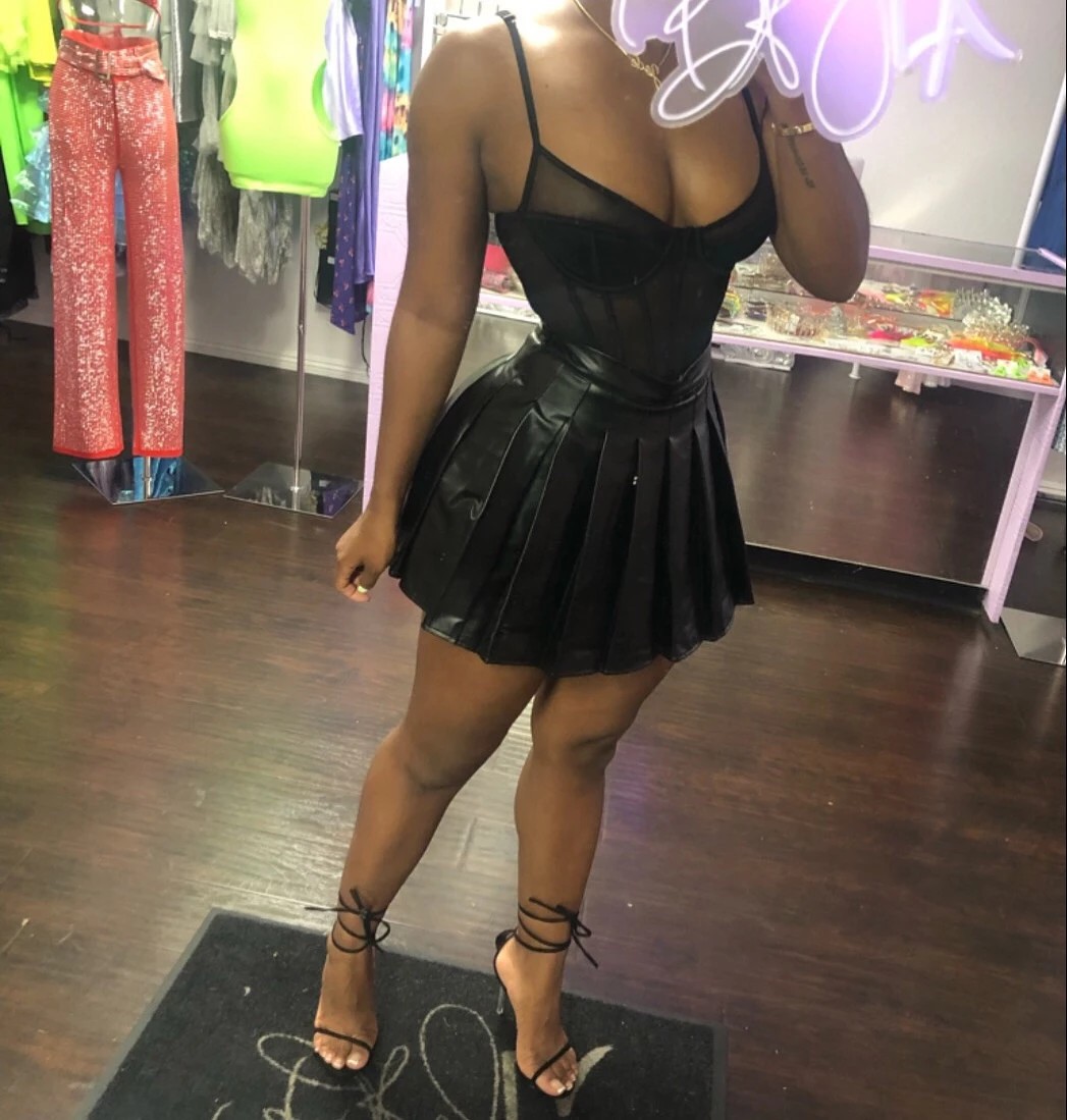 Solid color PU leather pleated skirt fashion skirt