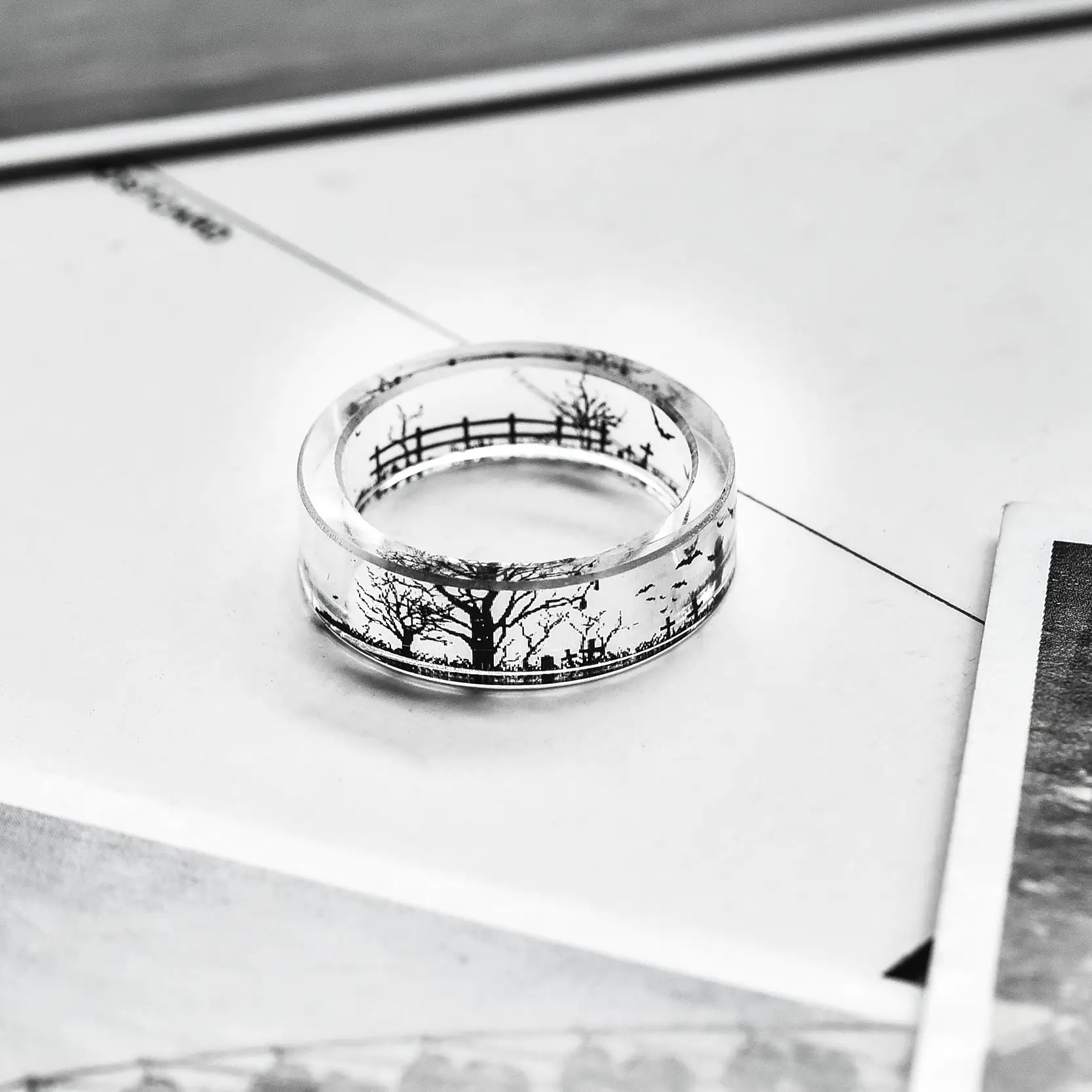 Tree resin black and white landscape ring