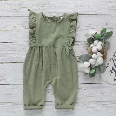 Girls' solid color cotton and linen jumpsuit
