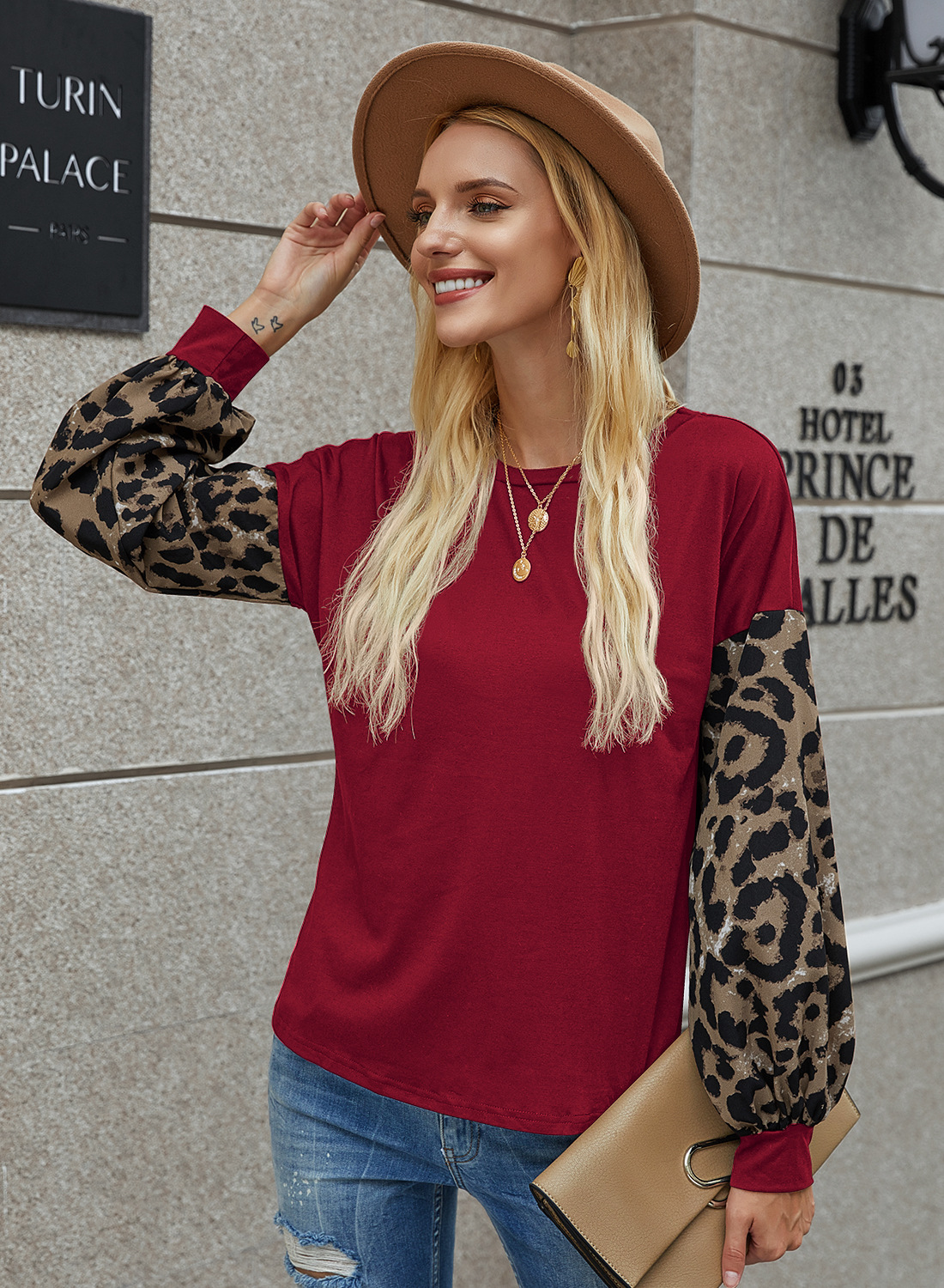 Explosion Leopard Lantern Sleeve Crew T-Shirt