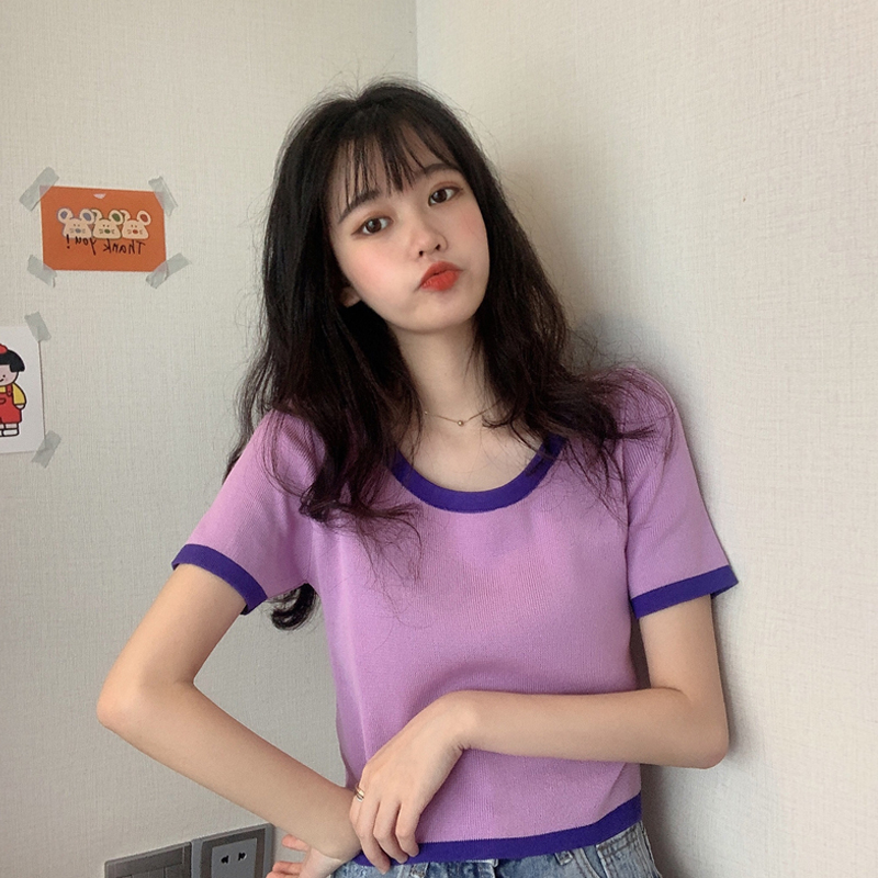 Slim-fit purple short-sleeved sweater