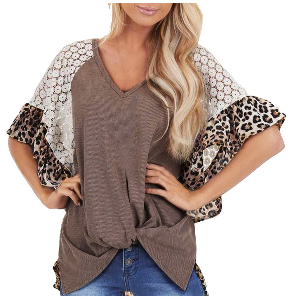 Leopard print raglan sleeves lace T-shirt