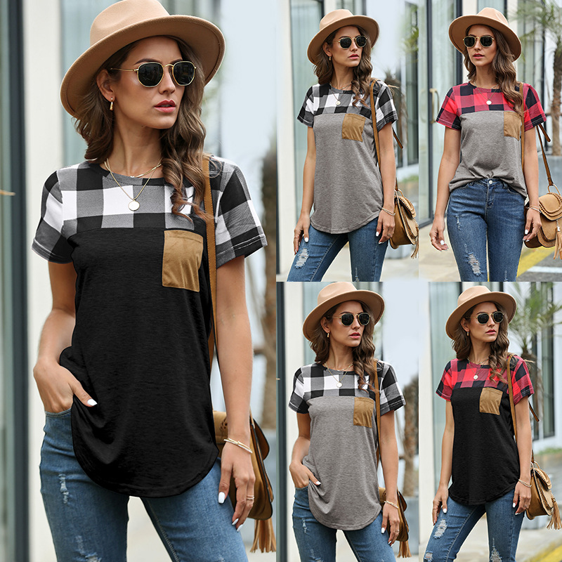 Round neck check stitching T-shirt