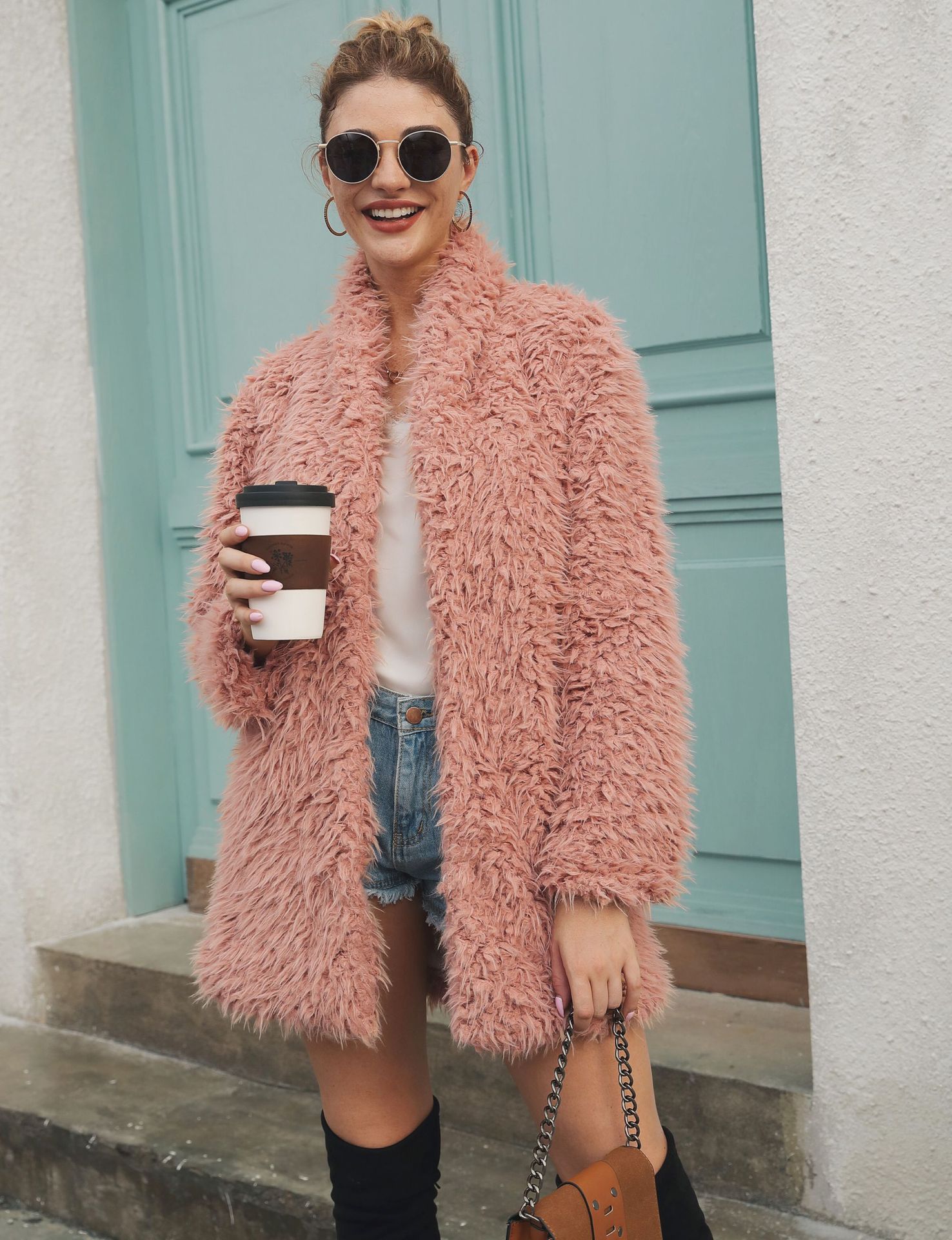 Mid length faux fur fur long sleeved jacket Pink - Shop at LoveMi