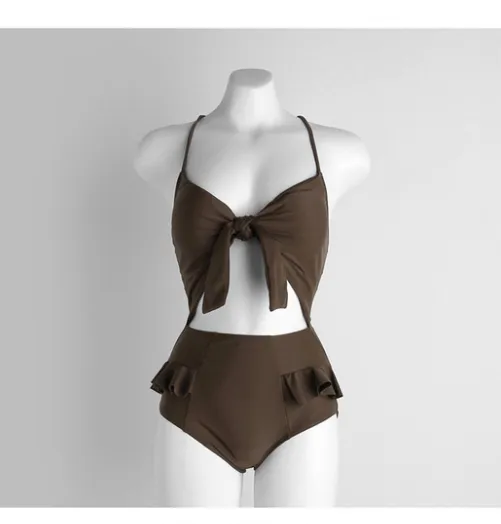 High waist bow hot spring swimming costume Brown - Shop at LoveMi