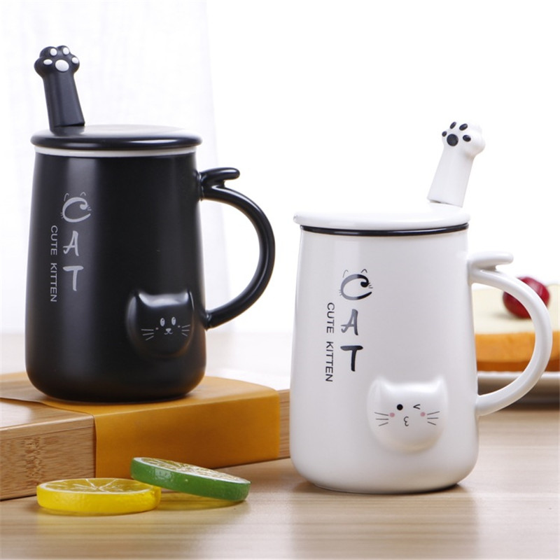 Black and white cat ceramic water cup with lid spoon