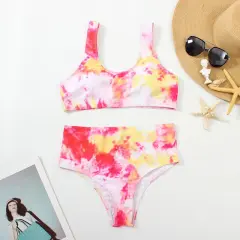 Bikini ladies rainbow high waist swimsuit - Pink - View 1