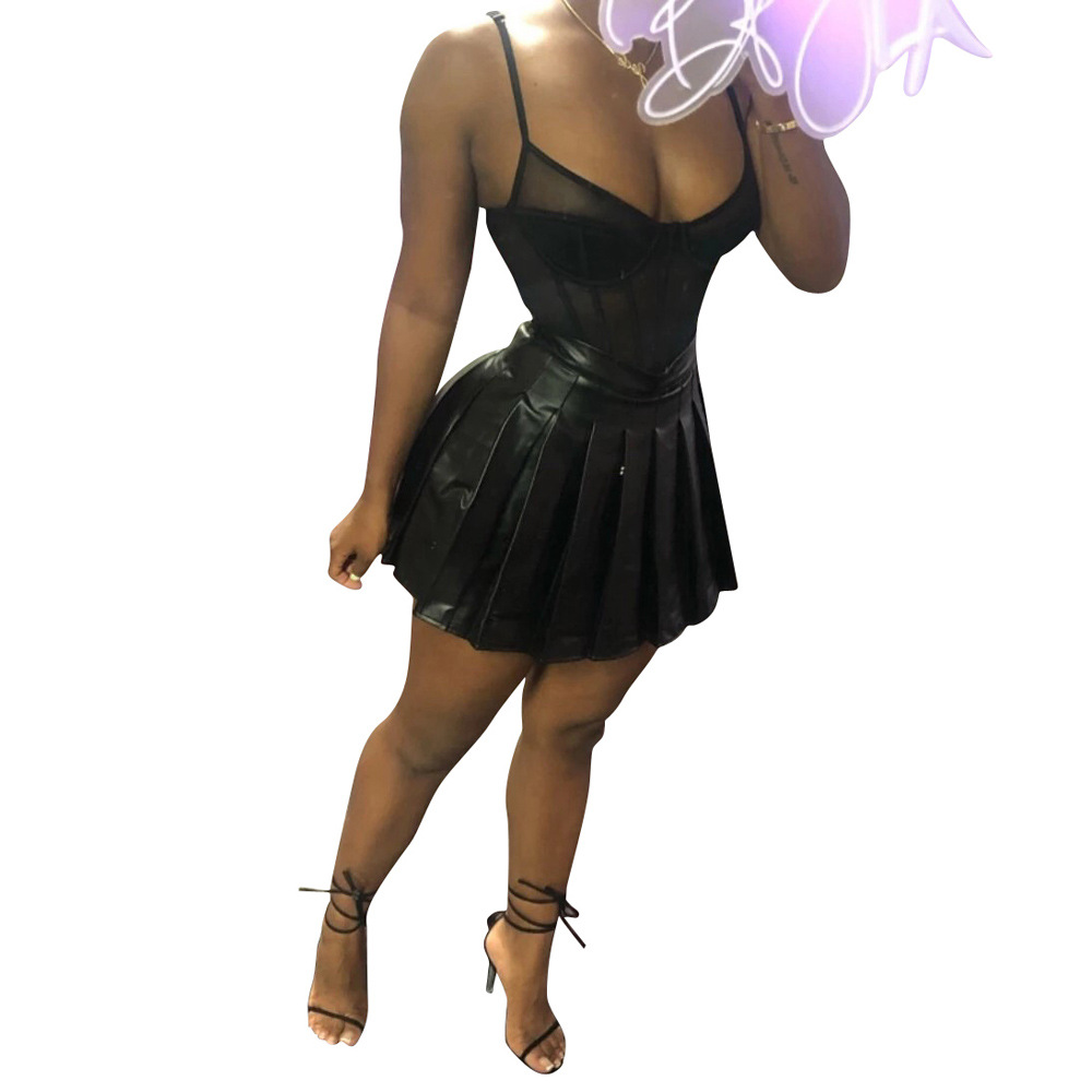 Solid color PU leather pleated skirt fashion skirt