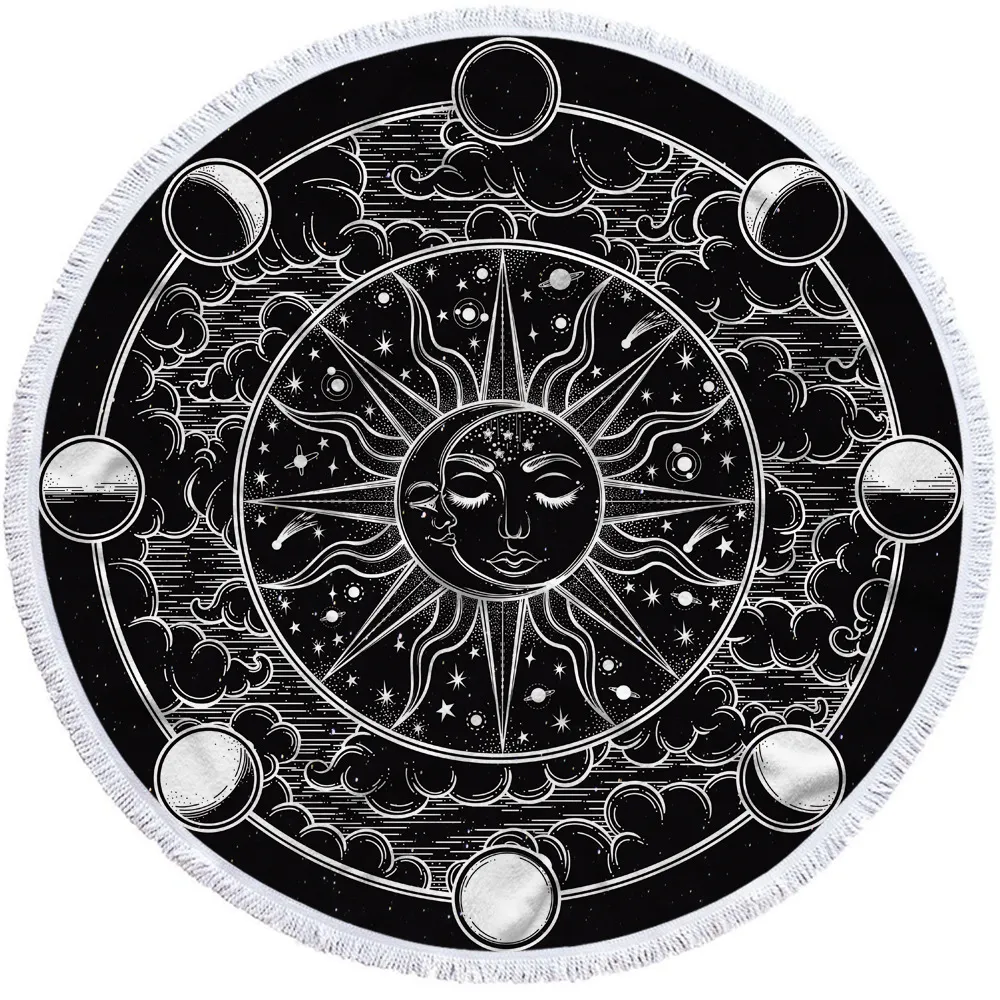 Round printed beach towel bath towel - Black