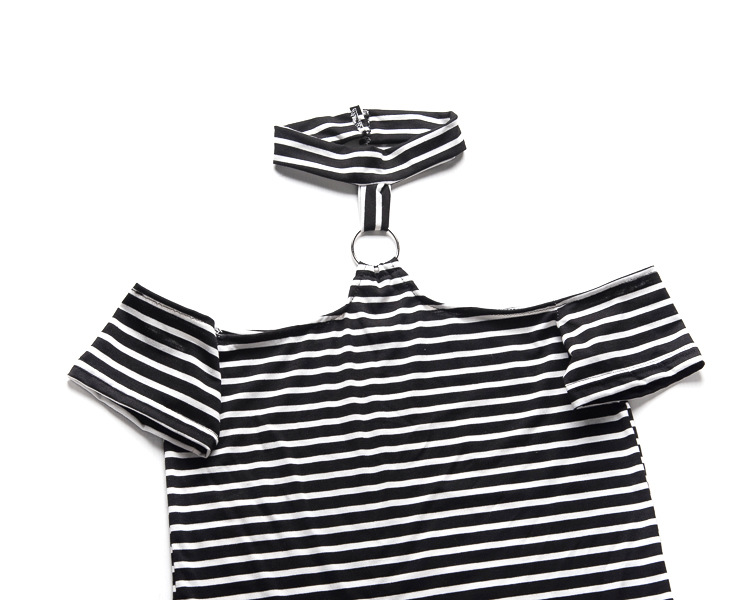 Striped slim metal ring short sleeve T-shirt
