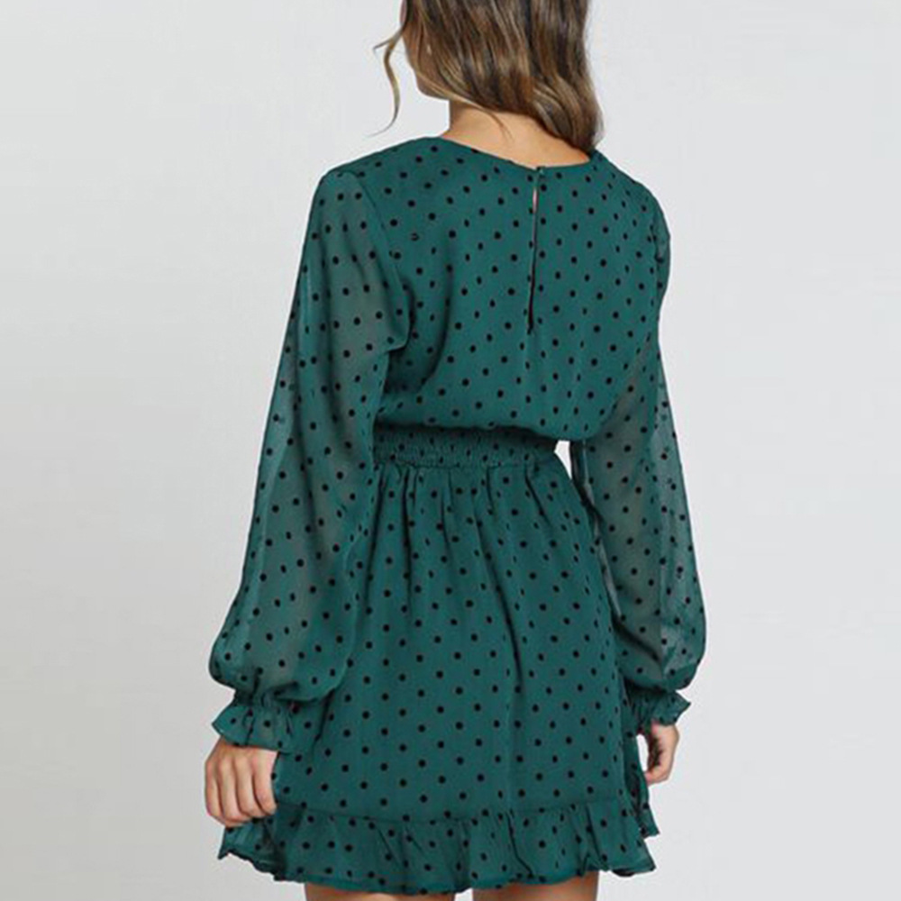 Green Polka Dot Deep V Neck Waist Pleated Women's Dress European And American Skirt