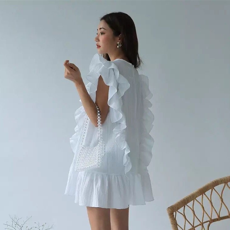 Flying sleeve pleated ruffled dress women
