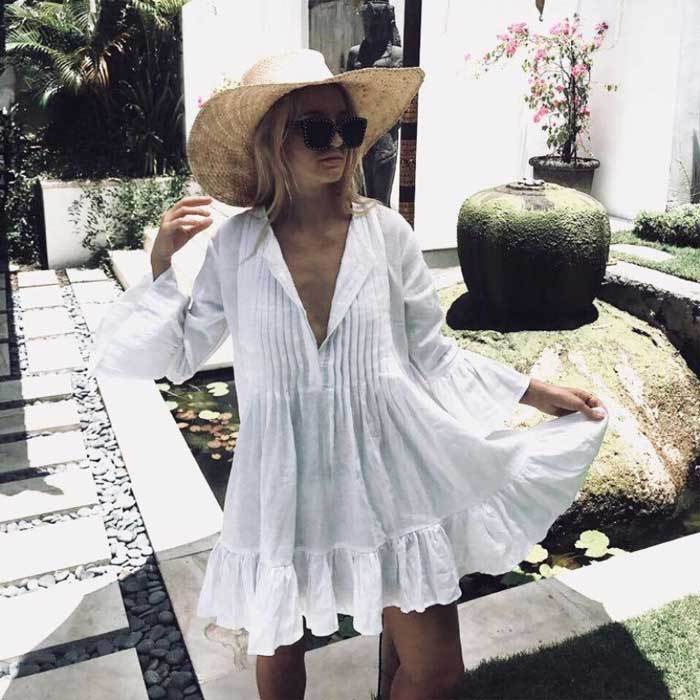 Pleated button flared sleeve swimsuit