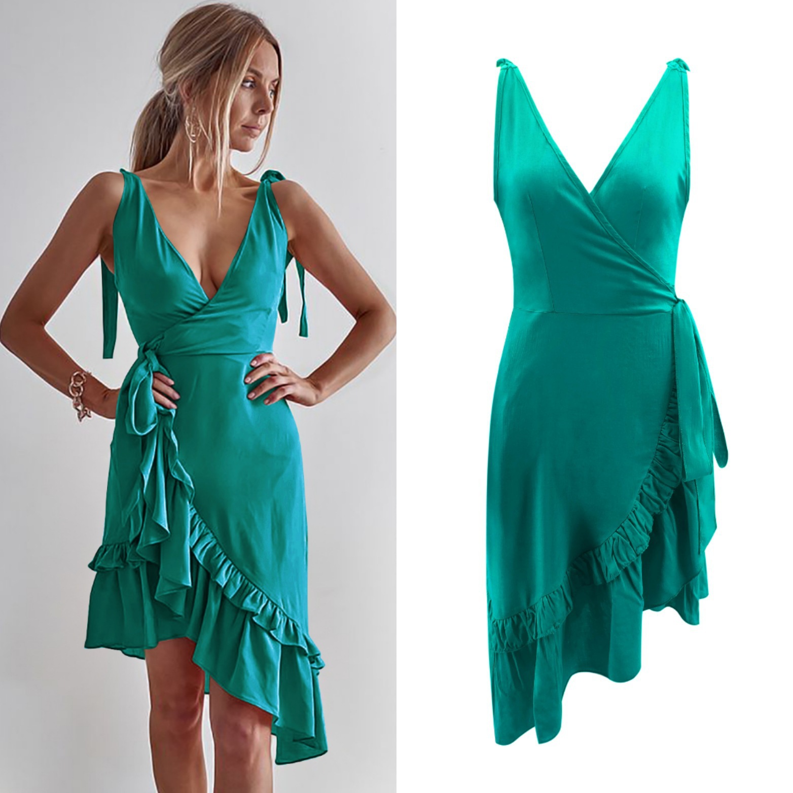 Strapless V-neck ruffled lace irregular dress