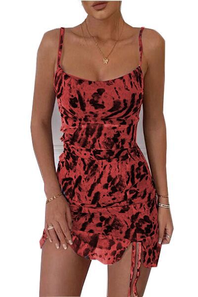 Ink-print mini skirt with suspenders