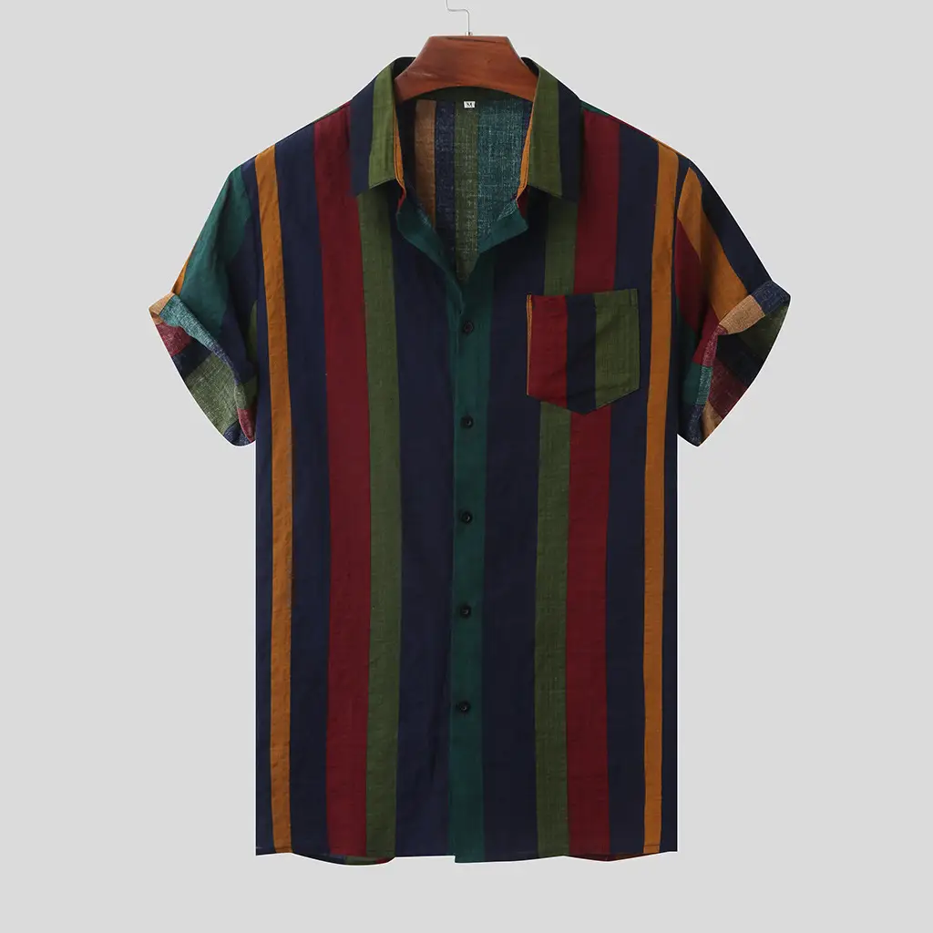 Men's Short Sleeve Button-Down Shirt with Vertical Stripe Pattern — XL