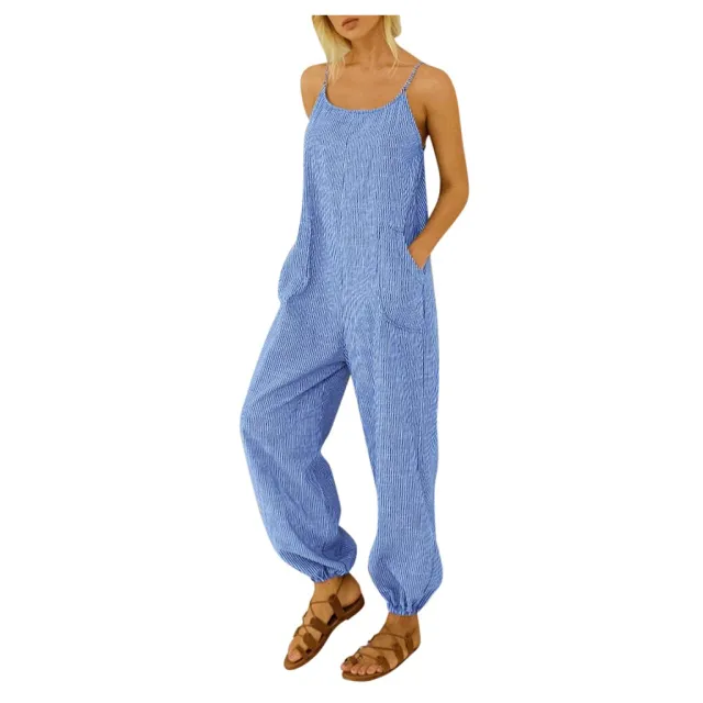 Sling romper pocket cotton and linen stripes Blue - Shop at LoveMi