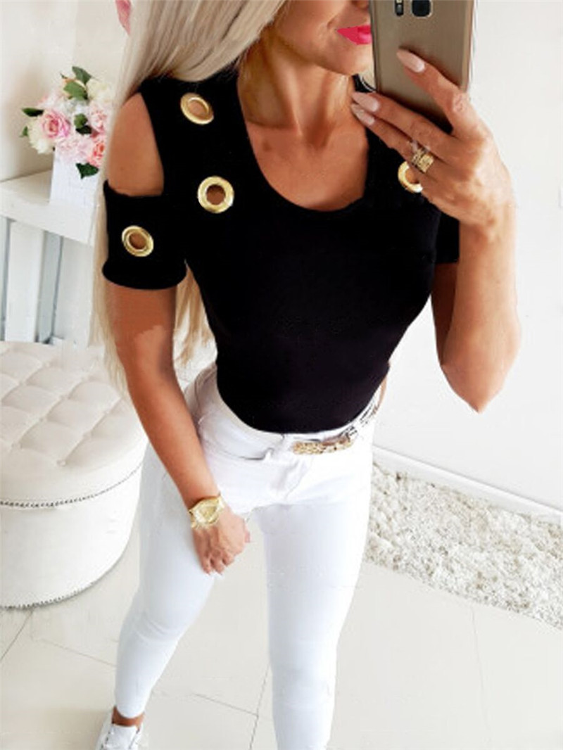 Solid color button round neck short sleeve