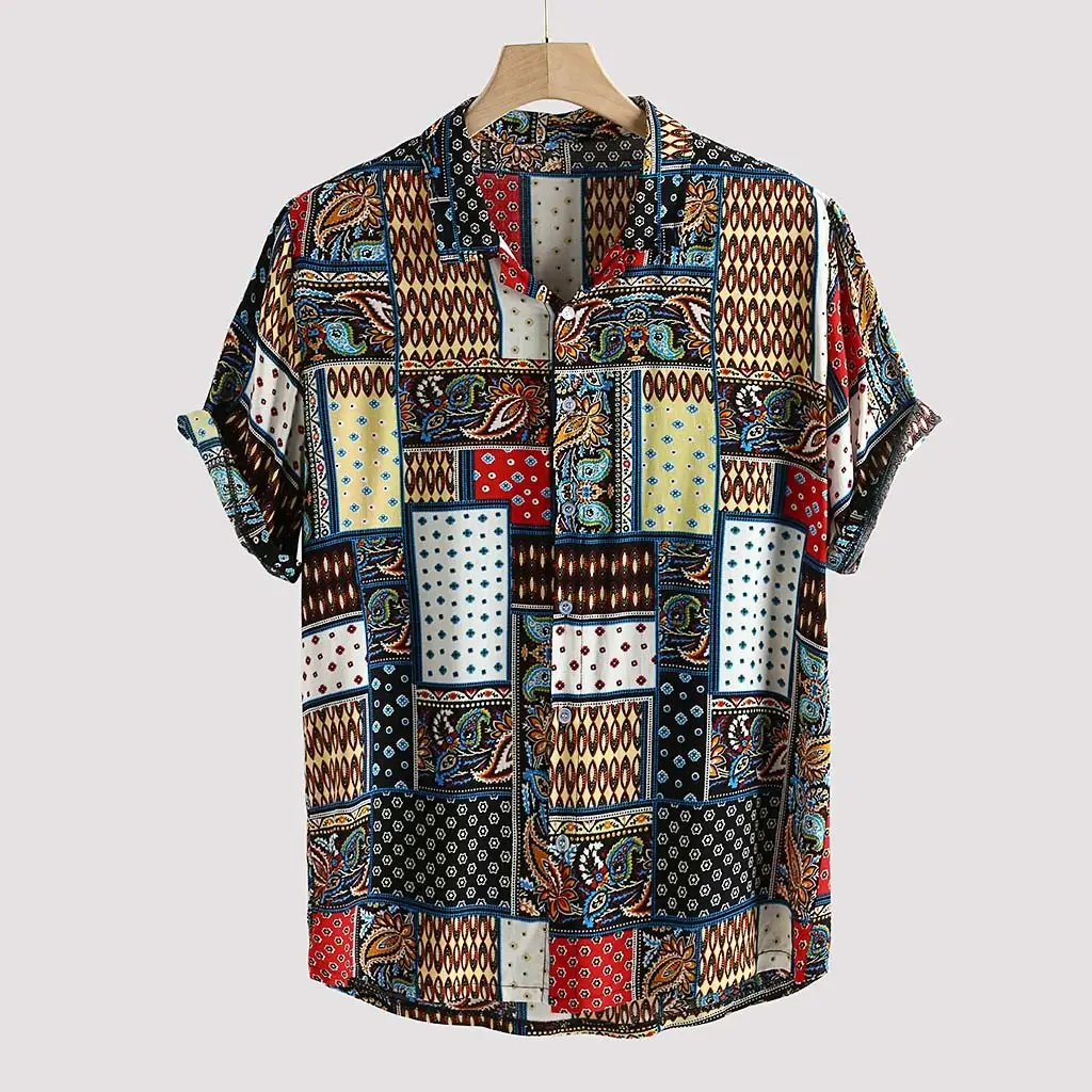 Men's Short Sleeve Button-Down Shirt with Vintage Patchwork Print