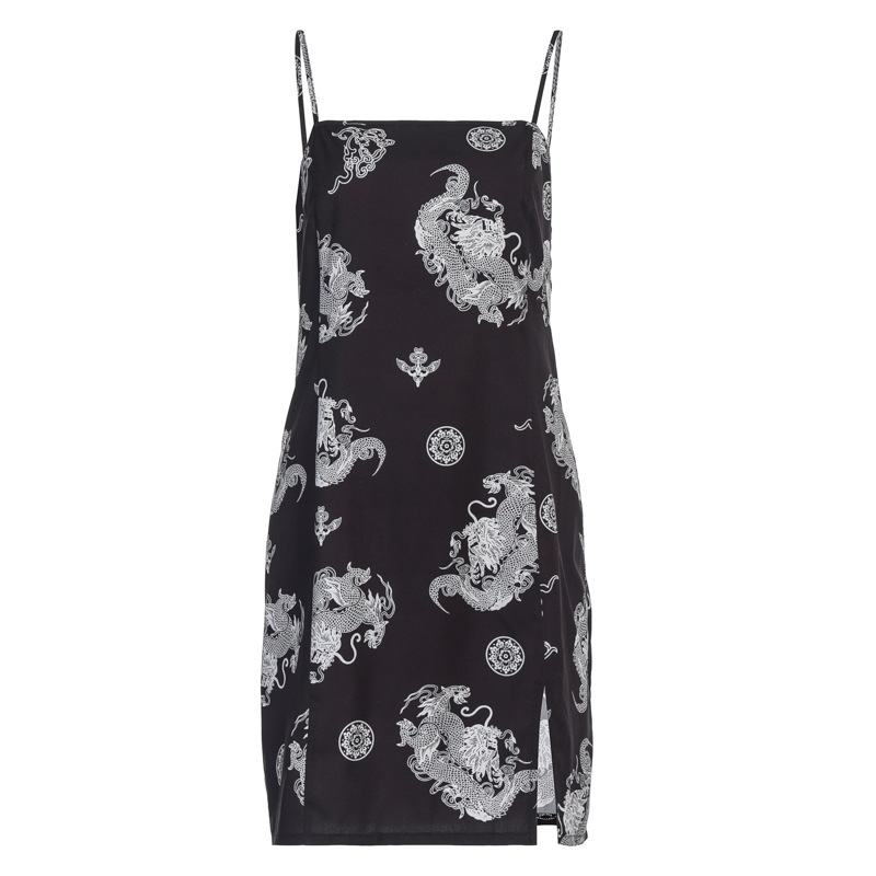Strap print split breathable dress