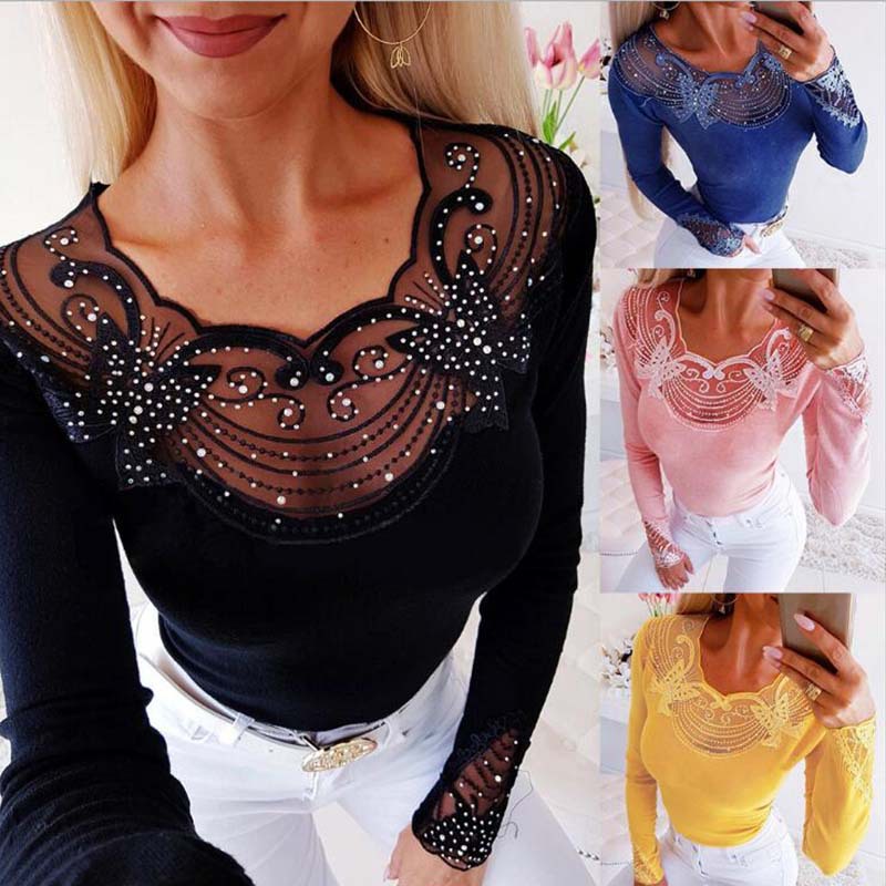 Lace hot beads waist long sleeve top