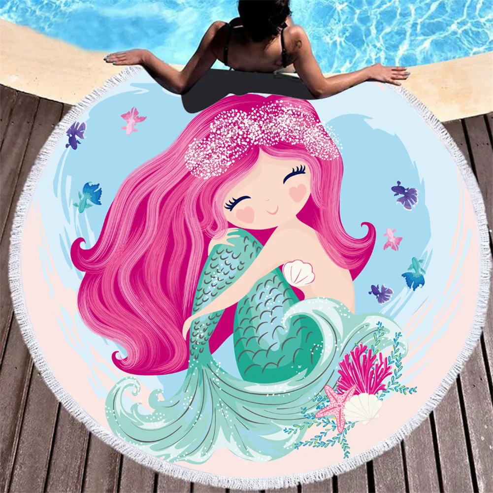Cartoon pink mermaid microfiber round beach towel - Pink