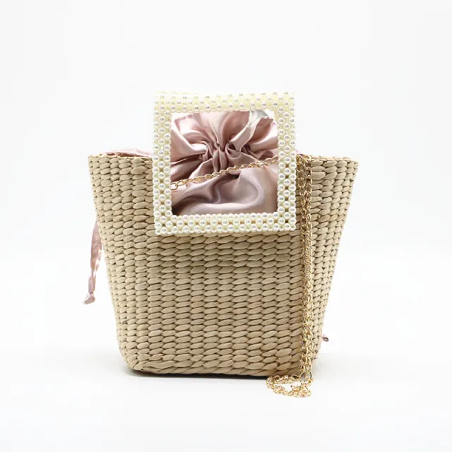 European and American style hand woven pearl handle stitching shoulder bag Khaki - Shop at LoveMi