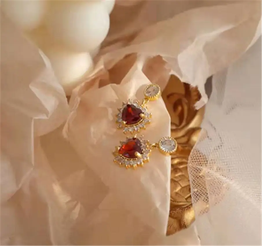 Red gem heart design earrings