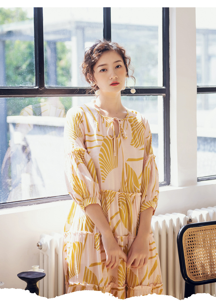 Printed puff sleeve bohemian skirt