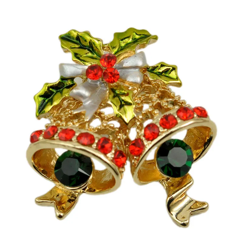 Christmas Jingle Bell Pin Enamel Bow Hollow Metal Pin - Green Paint
